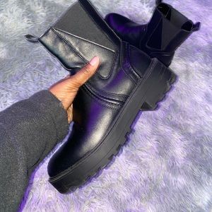 Black Matte Chunky Sole Asymmetric Panel Chunky Ankle Boot